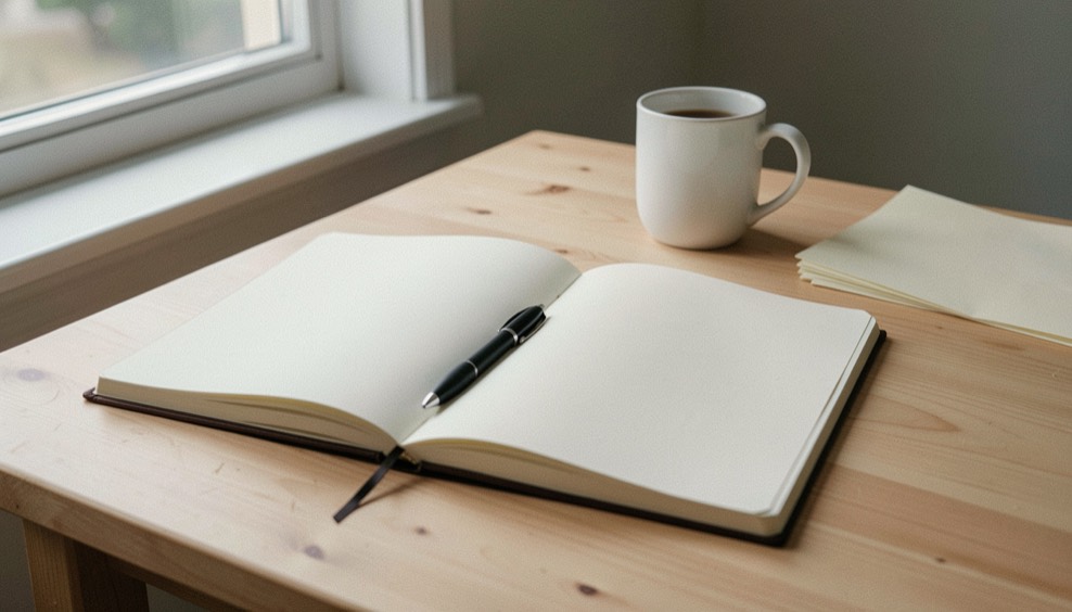 Deux carnets ouverts et un stylo posés sur une table de travail près d’une fenêtre.