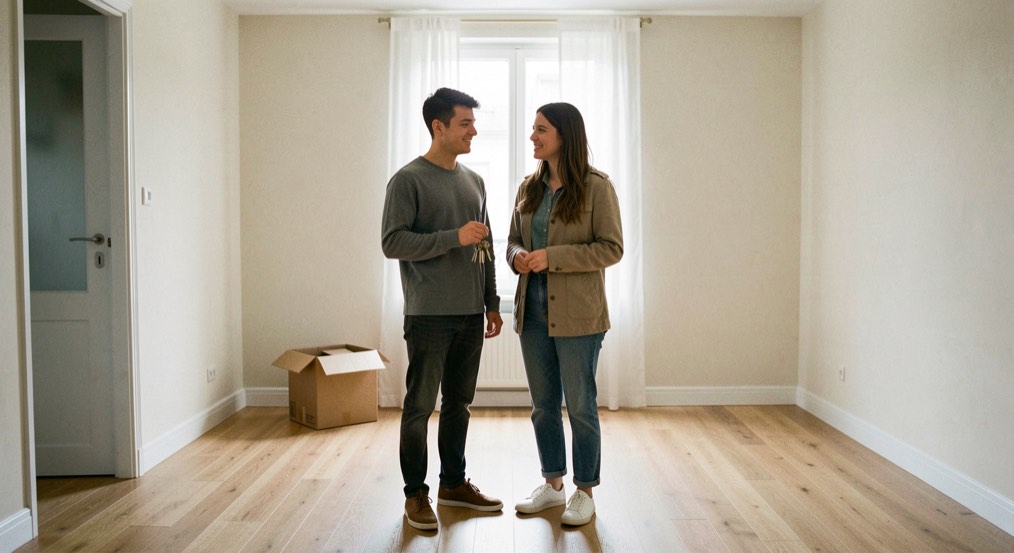 Un jeune couple debout au milieu d’un salon presque vide, l’un d’eux tient un trousseau de clés.