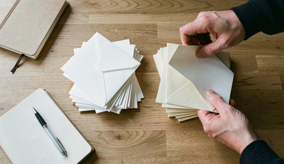 Deux mains adultes trient des enveloppes et des pochettes cartonnées vierges sur une table en bois clair.