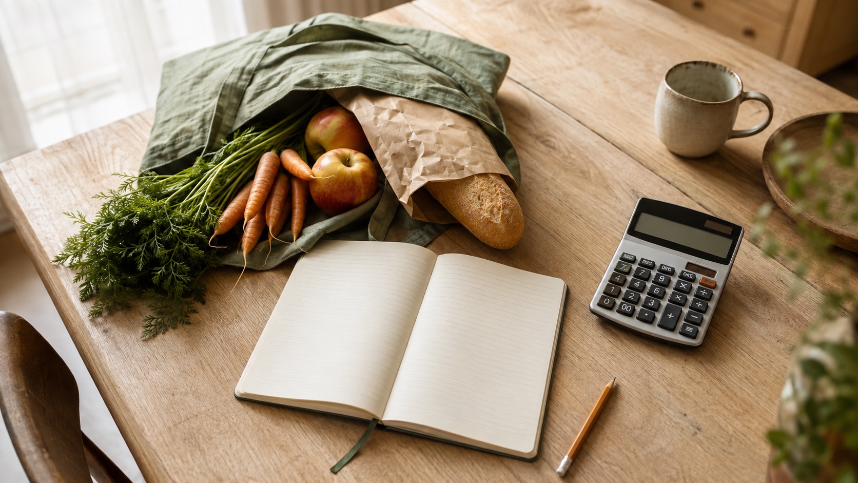 Un carnet ouvert et une calculatrice sont posés près d’un sac de courses sur une table.