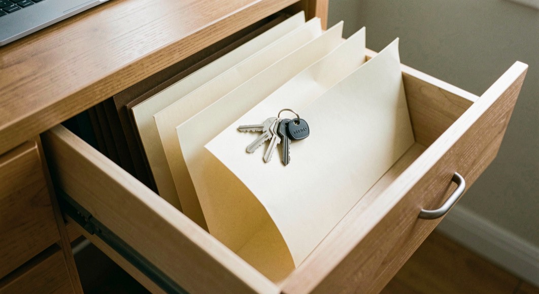 Un tiroir de bureau entrouvert laisse voir des pochettes cartonnées rangées et un trousseau de clés.