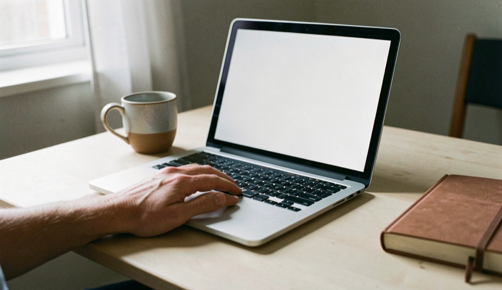 Une main pose sur le clavier d’un ordinateur portable, une tasse et un carnet fermé à côté.