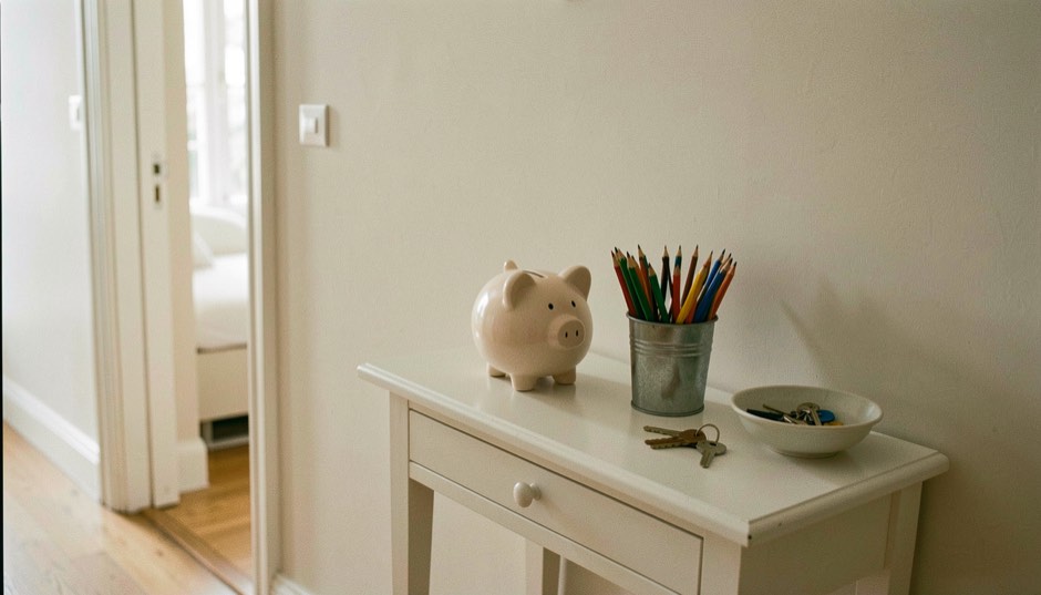 Une tirelire en céramique et un pot de crayons posés sur une console d’entrée, près d’une coupelle à clés.