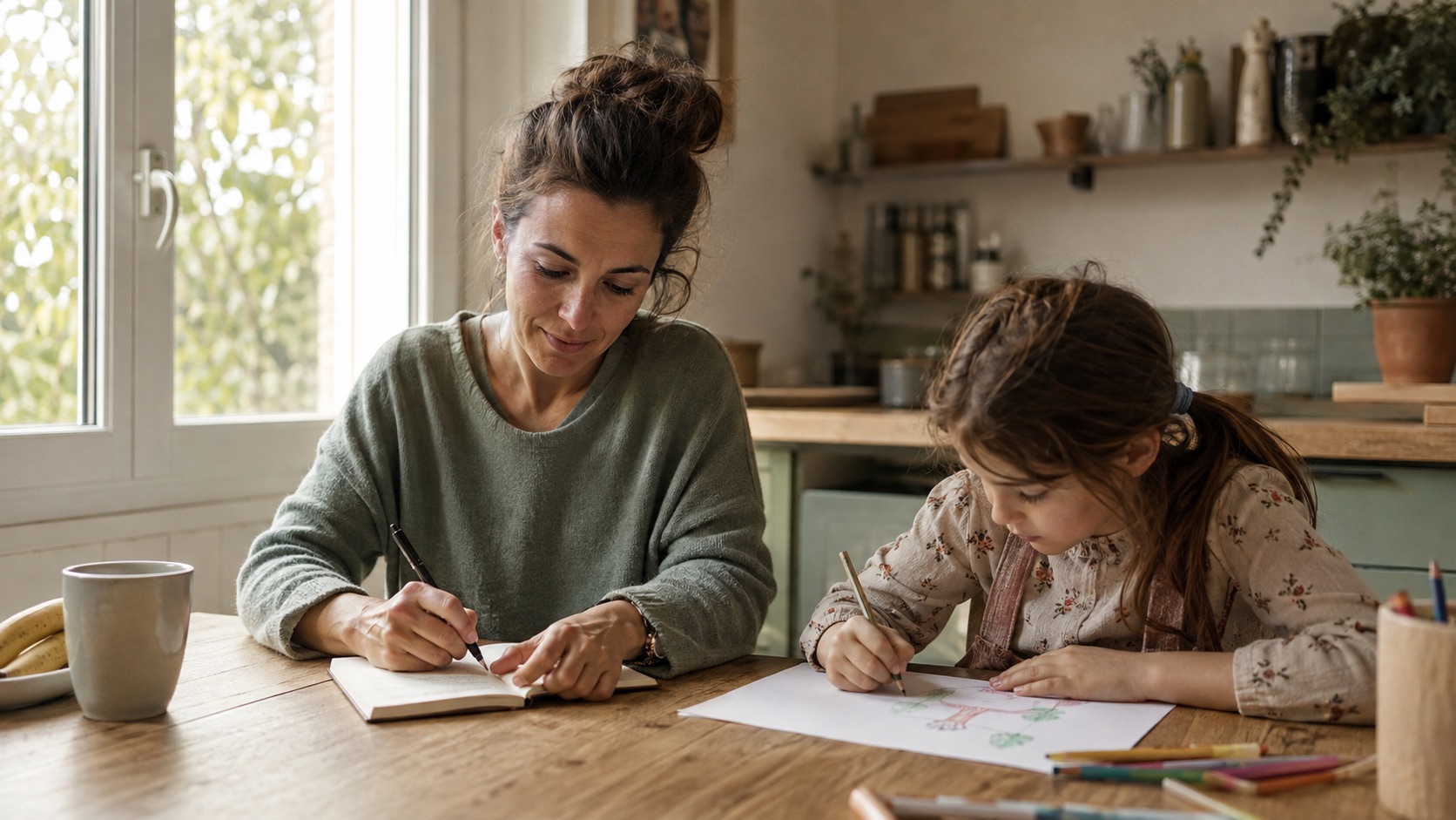 Un parent écrit dans un carnet pendant que son enfant dessine à la table de la cuisine.