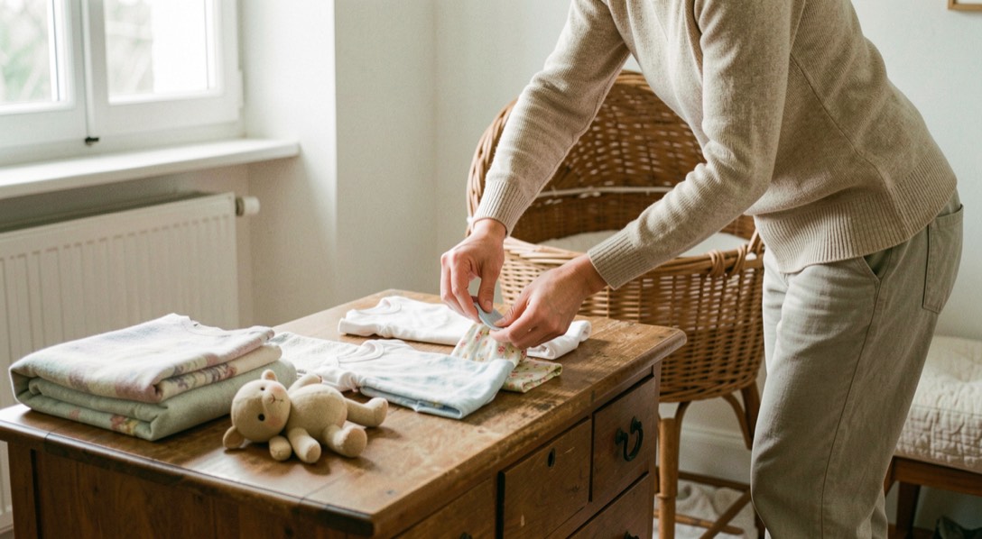 Un parent plie de la layette sur une commode à côté d’un couffin en osier, dans une chambre claire.