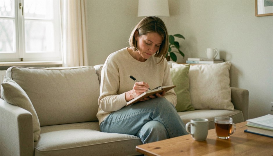 Une femme assise dans son canapé note quelques questions sur un carnet, une tasse posée sur la table basse à côté d’elle.